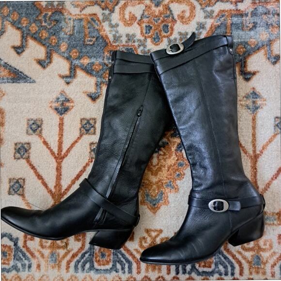 Matisse Dee Tall Black Leather Buckle Boots Size 8.5 Western Riding Block Heel - Picture 1 of 11